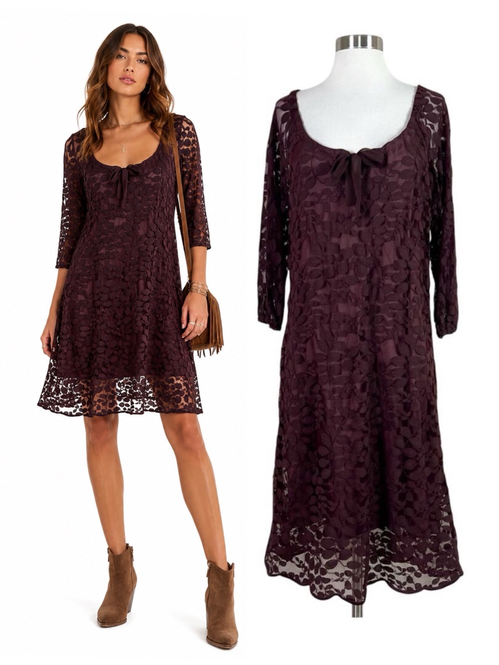 Garnet Hill | Boheme Plum Brown Lace Easy Tie Scoop Neck 3/4 Sleeve Dress 12 EUC